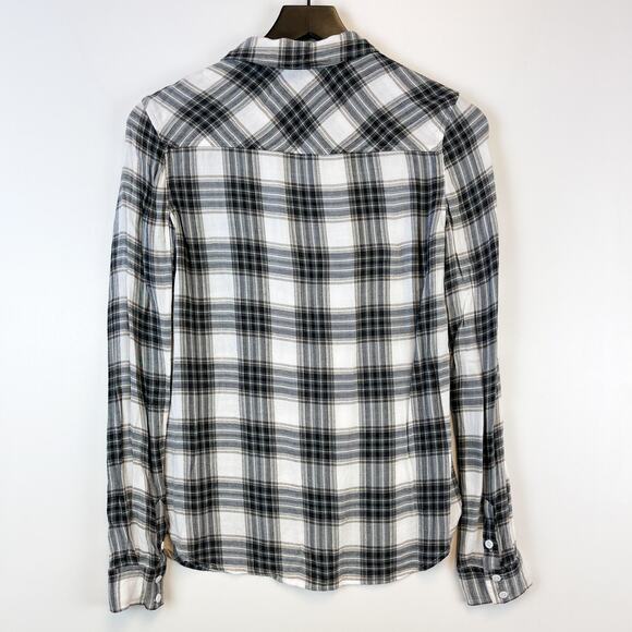 PAIGE XS Viscose Plaid Lightweight Button Down Flannel Shirt Black White - Picture 7 of 10